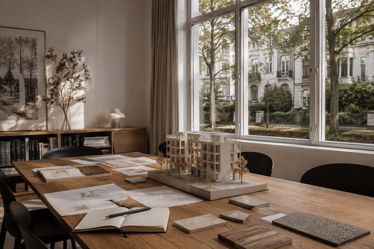 KI-generierte Illustration eines hellen Arbeitsraums mit Architekturmodell
